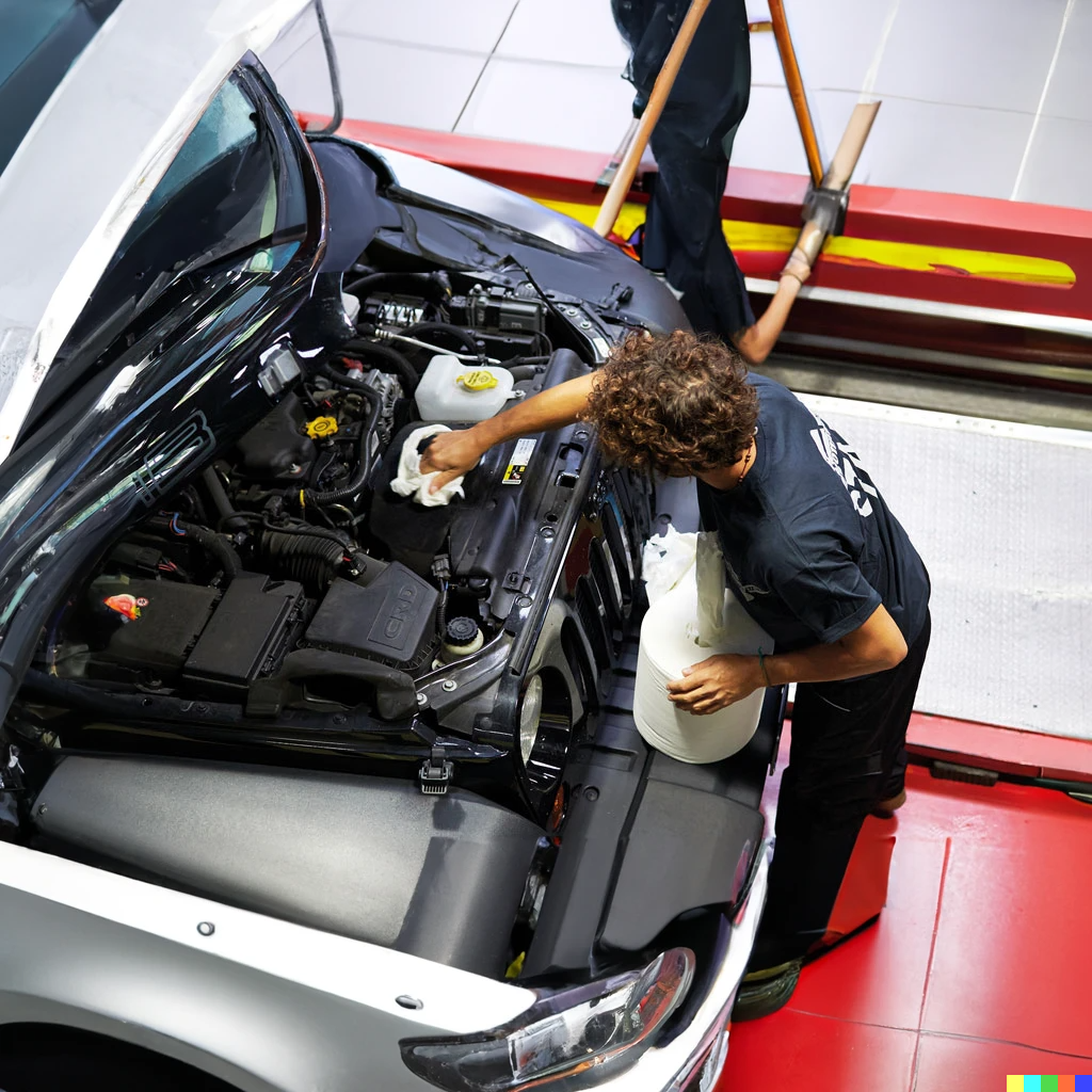 personne qui essuie le moteur d'une voiture avec une bobine d'essuyage